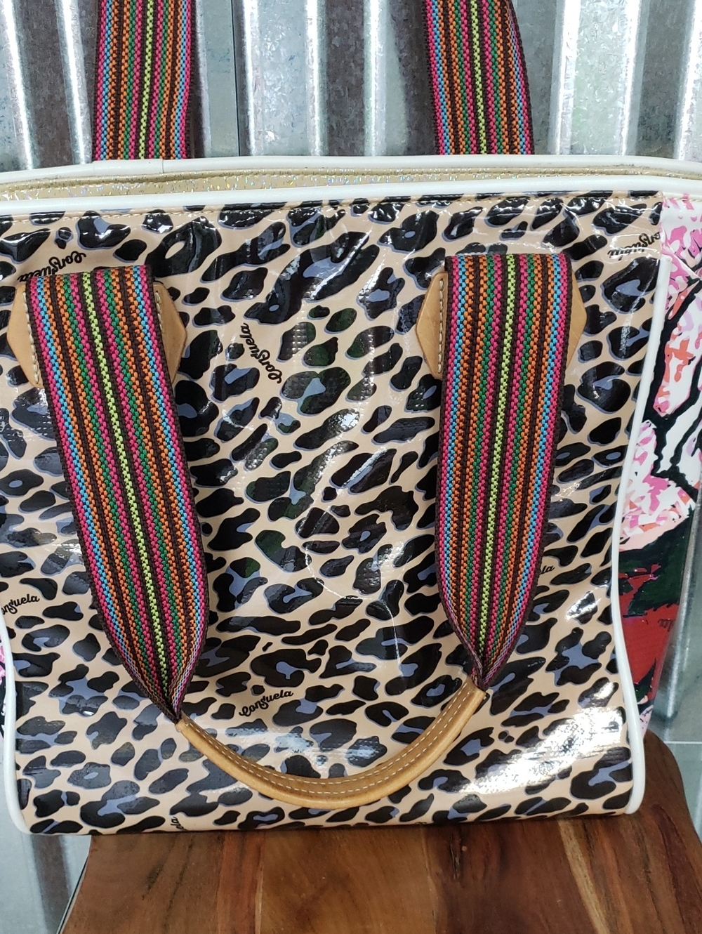 EUC CONZUELA Leopard Print Tote Bag with Multicolor Straps